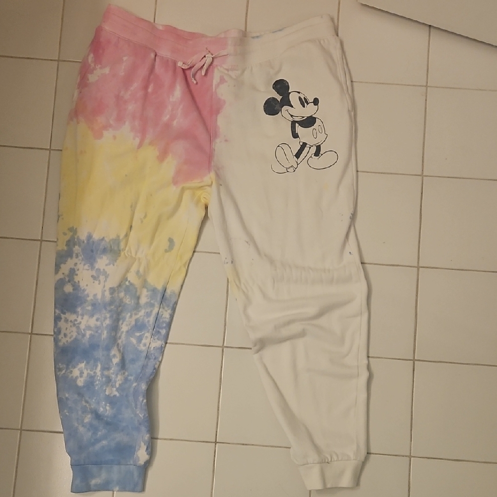 Disney Tie-Dye Joggers - Pink, Yellow, Blue, and White with Mickey Print